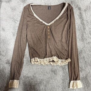 SHEIN Brown Long Sleeve Top with Lace Accents